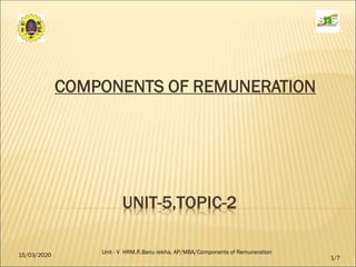UNIT-5,TOPIC-2
COMPONENTS OF REMUNERATION
15/03/2020 1/7
Unit - V HRM,R.Banu rekha, AP/MBA/Components of Remuneration
 
