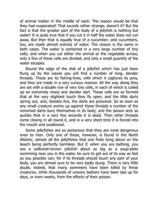 of animal matter in the middle of each. The reason would be that
they had evaporated! That sounds rather strange, doesn't it? But the
fact is that the greater part of the body of a jellyfish is nothing but
water! It is quite true that if you cut it in half the water does not run
away. But then that is equally true of a cucumber; and cucumbers,
too, are made almost entirely of water. The reason is the same in
both cases. The water is contained in a very large number of tiny
cells; and when you cut either the animal or the vegetable across,
only a few of these cells are divided, and only a small quantity of the
water escapes.
Round the edge of the disk of a jellyfish which has just been
flung up by the waves you will find a number of long, slender
threads. These are its fishing-lines, with which it captures its prey,
and they are made in a very curious manner. All the way along they
are set with a double row of very tiny cells, in each of which is coiled
up an extremely sharp and slender dart. These cells are so formed
that at the very slightest touch they fly open, and the little darts
spring out; and, besides this, the darts are poisoned. So as soon as
any small creature swims up against these threads a number of the
venomed darts bury themselves in its body, and the poison acts so
quickly that in a very few seconds it is dead. Then other threads
come closing in all round it, and in a very short time it is forced into
the mouth and swallowed.
Some jellyfishes are so poisonous that they are most dangerous
even to man. Only one of these, however, is found in the North
Atlantic, almost all the jellyfishes that one finds lying about on the
beach being perfectly harmless. But if, when you are bathing, you
see a yellowish-brown jellyfish about as big as a soup-plate
swimming near you in the water, be sure to get out of its way as fast
as you possibly can; for if its threads should touch any part of your
body, you are almost sure to be very badly stung. There is very little
doubt, indeed, that many swimmers have been killed by these
creatures; while thousands of unwary bathers have been laid up for
days, or even weeks, from the effects of their poison.
 