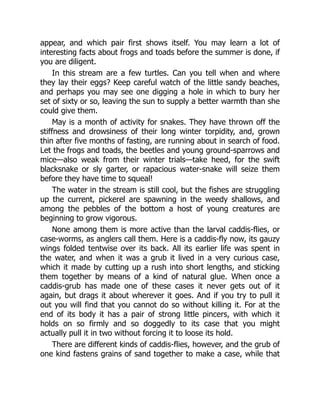 appear, and which pair first shows itself. You may learn a lot of
interesting facts about frogs and toads before the summer is done, if
you are diligent.
In this stream are a few turtles. Can you tell when and where
they lay their eggs? Keep careful watch of the little sandy beaches,
and perhaps you may see one digging a hole in which to bury her
set of sixty or so, leaving the sun to supply a better warmth than she
could give them.
May is a month of activity for snakes. They have thrown off the
stiffness and drowsiness of their long winter torpidity, and, grown
thin after five months of fasting, are running about in search of food.
Let the frogs and toads, the beetles and young ground-sparrows and
mice—also weak from their winter trials—take heed, for the swift
blacksnake or sly garter, or rapacious water-snake will seize them
before they have time to squeal!
The water in the stream is still cool, but the fishes are struggling
up the current, pickerel are spawning in the weedy shallows, and
among the pebbles of the bottom a host of young creatures are
beginning to grow vigorous.
None among them is more active than the larval caddis-flies, or
case-worms, as anglers call them. Here is a caddis-fly now, its gauzy
wings folded tentwise over its back. All its earlier life was spent in
the water, and when it was a grub it lived in a very curious case,
which it made by cutting up a rush into short lengths, and sticking
them together by means of a kind of natural glue. When once a
caddis-grub has made one of these cases it never gets out of it
again, but drags it about wherever it goes. And if you try to pull it
out you will find that you cannot do so without killing it. For at the
end of its body it has a pair of strong little pincers, with which it
holds on so firmly and so doggedly to its case that you might
actually pull it in two without forcing it to loose its hold.
There are different kinds of caddis-flies, however, and the grub of
one kind fastens grains of sand together to make a case, while that
 