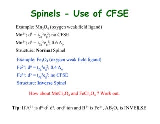 2g g
2g g
2g g o
2g g o
Spinels - Use of CFSE
Example: Mn3O4 (oxygen weak field ligand)
Mn2+; d5 = t 3e 2; no CFSE
Mn3+; d4 = t 3e 1; 0.6 
Structure: Normal Spinel
Example: Fe3O4 (oxygen weak field ligand)
Fe2+; d6 = t 4e 2; 0.4 
Fe3+; d5 = t 3e 2; no CFSE
Structure: Inverse Spinel
How about MnCr2O4 and FeCr2O4 ? Work out.
Tip: If A2+ is d6, d7, d8, or d9 ion and B3+ is Fe3+, AB2O4 is INVER
21SE
 