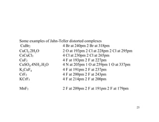 Some examples of Jahn-Teller distorted complexes
CuBr2 4 Br at 240pm 2 Br at 318pm
CuCl2.2H2O 2 O at 193pm 2 Cl at 228pm 2 Cl at 295pm
CsCuCl3 4 Cl at 230pm 2 Cl at 265pm
CuF2 4 F at 193pm 2 F at 227pm
CuSO4.4NH3.H2O 4 N at 205pm 1 O at 259pm 1 O at 337pm
K2CuF4 4 F at 191pm 2 F at 237pm
CrF2 4 F at 200pm 2 F at 243pm
KCrF3 4 F at 214pm 2 F at 200pm
MnF3 2 F at 209pm 2 F at 191pm 2 F at 179pm
25
 