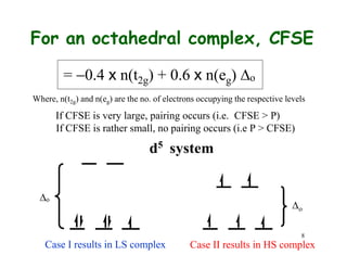 = 0.4 x n(t2g) + 0.6 x n(eg) o
For an octahedral complex, CFSE
Where, n(t2g) and n(eg) are the no. of electrons occupying the respective levels
If CFSE is very large, pairing occurs (i.e. CFSE > P)
If CFSE is rather small, no pairing occurs (i.e P > CFSE)
d5
system
o
o
Case I results in LS complex
8
Case II results in HS complex

 