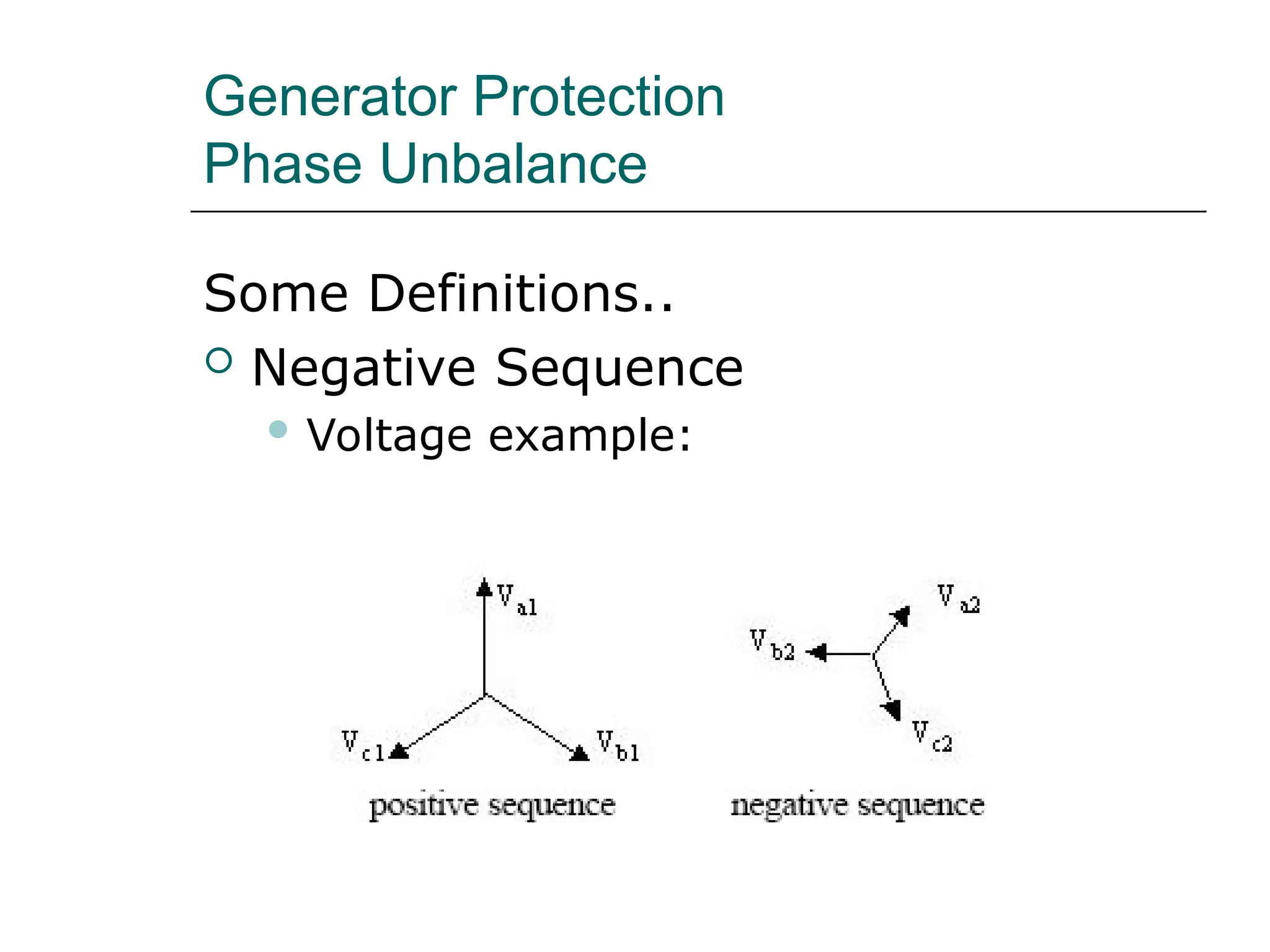 Generator Protection
Phase Unbalance
Some Definitions..
 Negative Sequence
 Voltage example:
 
