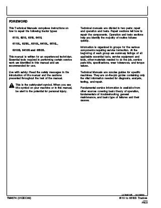 FOREWORD
This Technical Manuals comprises instructions on
how to repair the following tractor types:
6110, 6210, 6310, 641...