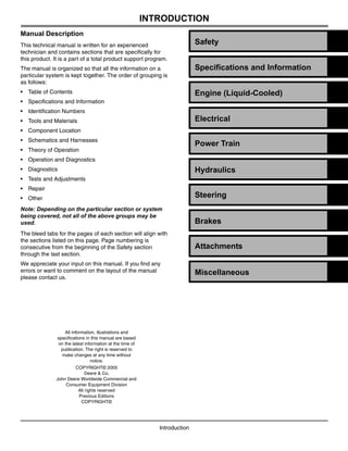 Manual Description
This technical manual is written for an experienced
technician and contains sections that are specifically for
this product. It is a part of a total product support program.
The manual is organized so that all the information on a
particular system is kept together. The order of grouping is
as follows:
• Table of Contents
• Specifications and Information
• Identification Numbers
• Tools and Materials
• Component Location
• Schematics and Harnesses
• Theory of Operation
• Operation and Diagnostics
• Diagnostics
• Tests and Adjustments
• Repair
• Other
Note: Depending on the particular section or system
being covered, not all of the above groups may be
used.
The bleed tabs for the pages of each section will align with
the sections listed on this page. Page numbering is
consecutive from the beginning of the Safety section
through the last section.
We appreciate your input on this manual. If you find any
errors or want to comment on the layout of the manual
please contact us.
Introduction
All information, illustrations and
specifications in this manual are based
on the latest information at the time of
publication. The right is reserved to
make changes at any time without
notice.
COPYRIGHT© 2005
Deere & Co.
John Deere Worldwide Commercial and
Consumer Equipment Division
All rights reserved
Previous Editions
COPYRIGHT©
INTRODUCTION
Specifications and Information
Engine (Liquid-Cooled)
Power Train
Brakes
Attachments
Safety
Hydraulics
Miscellaneous
Electrical
Steering
Introduction
 