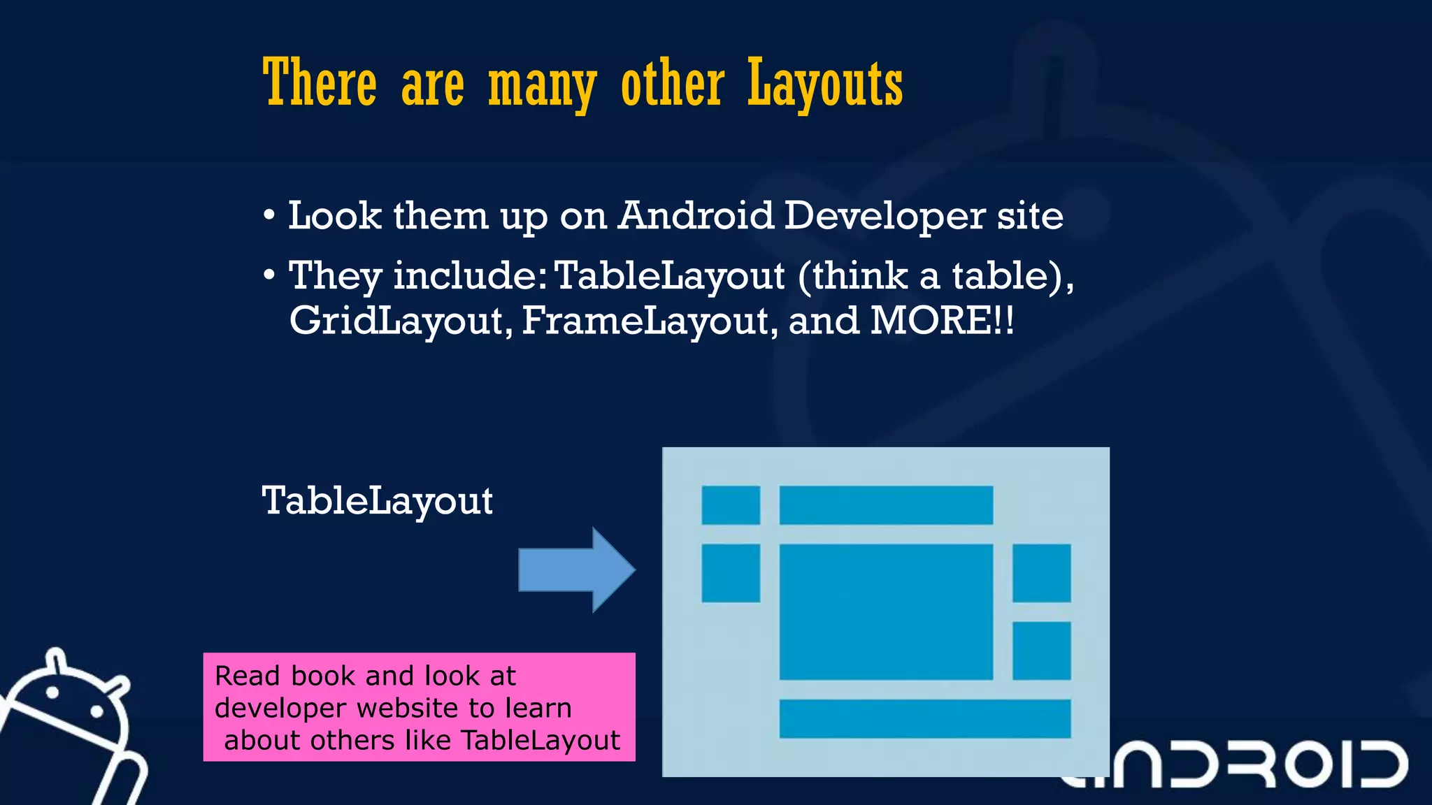 There are many other Layouts
• Look them up on Android Developer site
• They include:TableLayout (think a table),
GridLayout, FrameLayout, and MORE!!
TableLayout
Read book and look at
developer website to learn
about others like TableLayout
 