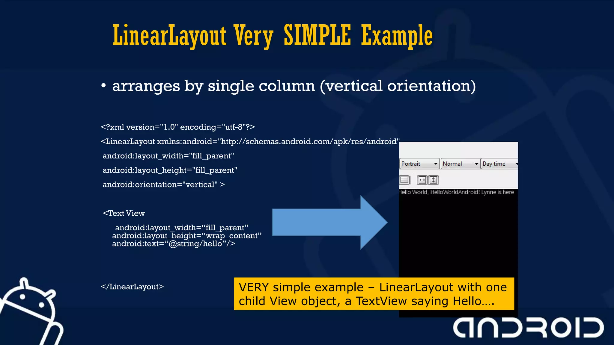 LinearLayout Very SIMPLE Example
• arranges by single column (vertical orientation)
<?xml version="1.0" encoding="utf-8"?>
<LinearLayout xmlns:android="http://schemas.android.com/apk/res/android"
android:layout_width="fill_parent"
android:layout_height="fill_parent"
android:orientation="vertical" >
<Text View
android:layout_width=“fill_parent”
android:layout_height=“wrap_content”
android:text=“@string/hello”/>
</LinearLayout> VERY simple example – LinearLayout with one
child View object, a TextView saying Hello….
 