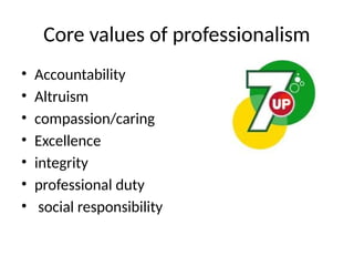 Core values of professionalism
• Accountability
• Altruism
• compassion/caring
• Excellence
• integrity
• professional duty
• social responsibility
 