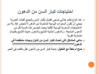 ‫الدهون‬ ‫من‬ ‫السن‬ ‫كبار‬ ‫احتياجات‬

‫ا‬ ‫الفئات‬ ‫ولجميع‬ ‫السن‬ ‫لكبار‬ ‫أفضل‬ ‫صحى‬ ‫غذائي‬ ‫نظام‬ ‫اتباع‬ ‫عند‬
‫لعمرية‬
‫تتجاوز‬ ‫ال‬ ‫الدهن‬ ‫من‬ ‫المأخوذة‬ ‫اليومية‬ ‫السعرات‬ ‫تكون‬ ‫أن‬ ‫ينبغي‬
30
%
‫من‬
‫ك‬ ‫النسبة‬ ‫هذه‬ ‫تتضمن‬ ‫بحيث‬ ‫الكلية‬ ‫اليومية‬ ‫السعرية‬ ‫االحتياجات‬
‫من‬ ‫ل‬
‫بك‬ ‫التشبع‬ ‫عديدة‬ ‫والدهون‬ ‫التشبع‬ ‫أحادية‬ ‫والدهون‬ ، ‫المشبعة‬ ‫الدهون‬
‫ميات‬
ً‫ا‬‫تقريب‬ ‫متساوية‬

‫ف‬ ‫منخفضة‬ ‫وجبات‬ ‫تناول‬ ‫من‬ ‫السن‬ ‫لكبار‬ ‫تحدث‬ ‫التي‬ ‫المشاكل‬ ‫ماهي‬
‫ي‬
‫الدهون؟؟؟؟؟؟؟؟؟؟؟؟؟؟؟؟؟؟؟؟؟؟؟؟؟؟؟؟؟‬
‫؟؟؟؟؟؟؟؟؟؟؟؟؟؟؟؟؟؟؟؟؟؟؟؟‬

‫التعليل‬ ‫مع‬ ‫خطأ‬ ‫ام‬ ‫صح‬
:
‫في‬ ‫بالتقدم‬ ‫تقل‬ ‫الدهون‬ ‫من‬ ‫السن‬ ‫كبار‬ ‫حاجة‬
‫العمر‬
 