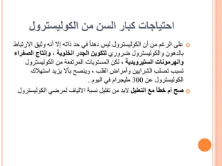 ‫الكوليسترول‬ ‫من‬ ‫السن‬ ‫كبار‬ ‫احتياجات‬

‫وثيق‬ ‫أنه‬ ‫إال‬ ‫ذاته‬ ‫حد‬ ‫في‬ ً‫ا‬‫دهن‬ ‫ليس‬ ‫الكوليسترول‬ ‫أن‬ ‫من‬ ‫الرغم‬ ‫على‬
‫االرتباط‬
‫ضروري‬ ‫والكوليسترول‬ ‫بالدهون‬
‫الخلوية‬ ‫الجدر‬ ‫لتكوين‬
،
‫ا‬ ‫وإنتاج‬
‫لصفراء‬
‫الستيرويدية‬ ‫والهرمونات‬
‫الكوليس‬ ‫من‬ ‫المرتفعة‬ ‫المستويات‬ ‫لكن‬ ،
‫ترول‬
‫است‬ ‫يزيد‬ ‫بأال‬ ‫وينصح‬ ، ‫القلب‬ ‫وأمراض‬ ‫الشرايين‬ ‫تصلب‬ ‫تسبب‬
‫هالك‬
‫عن‬ ‫الكوليسترول‬
300
‫اليوم‬ ‫في‬ ‫مليجرام‬
.

‫التعليل‬ ‫مع‬ ‫خطأ‬ ‫أم‬ ‫صح‬
‫الكو‬ ‫لمرضي‬ ‫االلياف‬ ‫نسبة‬ ‫تقليل‬ ‫من‬ ‫البد‬
‫ليسترول‬
 