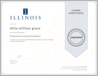 EDUCA
T
ION FOR EVE
R
YONE
CO
U
R
S
E
C E R T I F
I
C
A
TE
COURSE
CERTIFICATE
09/06/2016
shilo william graca
Financial Accounting: Foundations
an online non-credit course authorized by University of Illinois at Urbana-Champaign
and offered through Coursera
has successfully completed
Oktay Urcan
Associate Professor
Accountancy
Verify at coursera.org/verify/NLXVSL3RSVZF
Coursera has confirmed the identity of this individual and
their participation in the course.
 