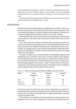 work available for the employee. Table 7.1 shows how all these factors can be
taken into account to obtain a figure for the number of revenue-earning
working hours can be expected from an employee over the period of one
year.
Thedirectcostofthetechnicianis£22,000peryearsothatthedirectcostof
an hour of their time is £22000/1505 = £14.62.
OVERHEADS
Onthebasisofthecalculationsabove,wemightreasonasfollows.Ifthecom-
ponents of a computer cost £200 and it takes 10 hours of a technician’s time
to assemble the computer, install the software and configure it, then the cost
of constructing the finished product is £200 + 10 × £14.62 = £346.20.
Unfortunately,therearemanycoststhatwehaveignored.Evenifourtech-
nician works as a sole trader, with no assistance, there will be other costs he
has to pay.
Costs that cannot be directly associated with a particular product are
known as overheads. Because they are costs that ultimately the business has
to pay, they have to be added to the direct costs of the products in one way or
another. In a large business, there are many ways in which overheads can be
spread over the different activities the business performs; there is no single
‘right’ way of doing this.
Consider a company that is in the business of assembling computers and
selling them on to customers. The owner runs the company and it employs
three technicians and a part-time secretary. It makes three models of com-
puter,theBasic,theAdvanced,andtheProfessional.Itownsavanthatituses
for delivering computers to customers. Table 7.2 shows the cost of the com-
ponentsforeachmodel,thenumberofhoursoftechniciantimetobuildone,
and the expected sales of that model over the next year.
T 7.2 Direct costs and expected sales for the different computer models
Model Cost of Technician Expected
components time sales
(£) (hours
Basic £200 10 hours 200
Advanced £300 12 hours 100
Professional £400 15 hours 50
In the next section we show how this scenario might lead to annual over-
heads of £63,500, which the company has to recover from its sales. There are
at least three commonly used ways that we might spread these overheads
over the computers sold.
The simplest way is to allocate the same overhead to each computer sold,
regardless of the cost of the components or the amount of labour involved.
Management Accounting
77
 