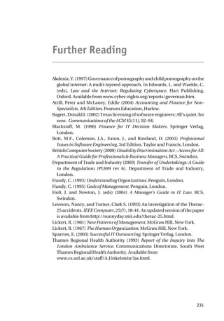 Further Reading
Akdeniz,Y.(1997)Governanceofpornographyandchildpornographyonthe
global internet: A multi-layered approach. In Edwards, L. and Waelde, C.
(eds), Law and the Internet: Regulating Cyberspace, Hart Publishing,
Oxford. Available from www.cyber-rights.org/reports/governan.htm.
Atrill, Peter and McLaney, Eddie (2004) Accounting and Finance for Non-
Specialists, 4th Edition. Pearson Education, Harlow.
Bagert, Donald J. (2002) Texas licensing of software engineers: All’s quiet, for
now. Communications of the ACM 45(11), 92–94.
Blackstaff, M. (1998) Finance for IT Decision Makers. Springer Verlag,
London.
Bott, M.F., Coleman, J.A., Eaton, J., and Rowland, D. (2001) Professional
Issues in Software Engineering, 3rd Edition. Taylor and Francis, London.
British Computer Society (2000) Disability Discrimination Act – Access for All:
A Practical Guide for Professionals & Business Managers. BCS, Swindon.
Department of Trade and Industry (2003) Transfer of Undertakings: A Guide
to the Regulations (PL699 rev 6). Department of Trade and Industry,
London.
Handy, C. (1993) Understanding Organizations. Penguin, London.
Handy, C. (1995) Gods of Management. Penguin, London.
Holt, J. and Newton, J. (eds) (2004) A Manager’s Guide to IT Law. BCS,
Swindon.
Leveson, Nancy, and Turner, Clark S. (1993) An investigation of the Therac-
25accidents.IEEEComputer,25(7),18-41.Anupdatedversionofthepaper
is available from http://sunnyday.mit.edu/therac-25.html.
Lickert, R. (1961) New Patterns of Management. McGraw Hill, New York.
Lickert, R. (1967) The Human Organization. McGraw Hill, New York.
Sparrow, E. (2003) Successful IT Outsourcing. Springer Verlag, London.
Thames Regional Health Authority (1993) Report of the Inquiry Into The
London Ambulance Service. Communications Directorate, South West
Thames Regional Health Authority. Available from
www.cs.ucl.ac.uk/staff/A.Finkelstein/las.html.
235
 