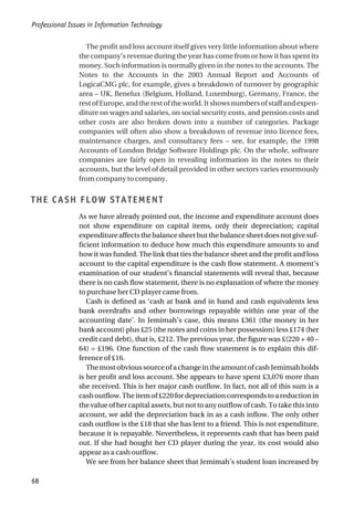 The profit and loss account itself gives very little information about where
the company’s revenue during the year has come from or how it has spent its
money. Such information is normally given in the notes to the accounts. The
Notes to the Accounts in the 2003 Annual Report and Accounts of
LogicaCMG plc, for example, gives a breakdown of turnover by geographic
area – UK, Benelux (Belgium, Holland, Luxemburg), Germany, France, the
rest of Europe, and the rest of the world. It shows numbers of staff and expen-
diture on wages and salaries, on social security costs, and pension costs and
other costs are also broken down into a number of categories. Package
companies will often also show a breakdown of revenue into licence fees,
maintenance charges, and consultancy fees – see, for example, the 1998
Accounts of London Bridge Software Holdings plc. On the whole, software
companies are fairly open in revealing information in the notes to their
accounts, but the level of detail provided in other sectors varies enormously
from company to company.
THE CASH FLOW STATEMENT
As we have already pointed out, the income and expenditure account does
not show expenditure on capital items, only their depreciation; capital
expenditureaffectsthebalancesheetbutthebalancesheetdoesnotgivesuf-
ficient information to deduce how much this expenditure amounts to and
how it was funded. The link that ties the balance sheet and the profit and loss
account to the capital expenditure is the cash flow statement. A moment’s
examination of our student’s financial statements will reveal that, because
there is no cash flow statement, there is no explanation of where the money
to purchase her CD player came from.
Cash is defined as ‘cash at bank and in hand and cash equivalents less
bank overdrafts and other borrowings repayable within one year of the
accounting date’. In Jemimah’s case, this means £361 (the money in her
bank account) plus £25 (the notes and coins in her possession) less £174 (her
credit card debt), that is, £212. The previous year, the figure was £(220 + 40 –
64) = £196. One function of the cash flow statement is to explain this dif-
ference of £16.
The most obvious source of a change in the amount of cash Jemimah holds
is her profit and loss account. She appears to have spent £3,076 more than
she received. This is her major cash outflow. In fact, not all of this sum is a
cashoutflow.Theitemof£220fordepreciationcorrespondstoareductionin
the value of her capital assets, but not to any outflow of cash. To take this into
account, we add the depreciation back in as a cash inflow. The only other
cash outflow is the £18 that she has lent to a friend. This is not expenditure,
because it is repayable. Nevertheless, it represents cash that has been paid
out. If she had bought her CD player during the year, its cost would also
appear as a cash outflow.
We see from her balance sheet that Jemimah’s student loan increased by
Professional Issues in Information Technology
68
 