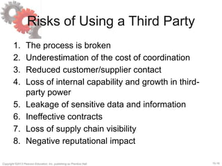 15-16
Copyright ©2013 Pearson Education, Inc. publishing as Prentice Hall.
Risks of Using a Third Party
1. The process is broken
2. Underestimation of the cost of coordination
3. Reduced customer/supplier contact
4. Loss of internal capability and growth in third-
party power
5. Leakage of sensitive data and information
6. Ineffective contracts
7. Loss of supply chain visibility
8. Negative reputational impact
 