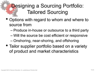 15-45
Copyright ©2013 Pearson Education, Inc. publishing as Prentice Hall.
Designing a Sourcing Portfolio:
Tailored Sourcing
• Options with regard to whom and where to
source from
– Produce in-house or outsource to a third party
– Will the source be cost efficient or responsive
– Onshoring, near-shoring, and offshoring
• Tailor supplier portfolio based on a variety
of product and market characteristics
 