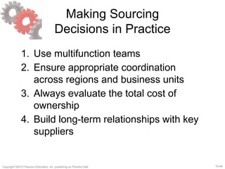 15-49
Copyright ©2013 Pearson Education, Inc. publishing as Prentice Hall.
Making Sourcing
Decisions in Practice
1. Use multifunction teams
2. Ensure appropriate coordination
across regions and business units
3. Always evaluate the total cost of
ownership
4. Build long-term relationships with key
suppliers
 