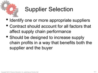 15-7
Copyright ©2013 Pearson Education, Inc. publishing as Prentice Hall.
Supplier Selection
• Identify one or more appropriate suppliers
• Contract should account for all factors that
affect supply chain performance
• Should be designed to increase supply
chain profits in a way that benefits both the
supplier and the buyer
 