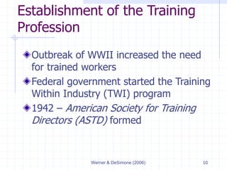 Werner & DeSimone (2006) 10
Establishment of the Training
Profession
Outbreak of WWII increased the need
for trained workers
Federal government started the Training
Within Industry (TWI) program
1942 – American Society for Training
Directors (ASTD) formed
 