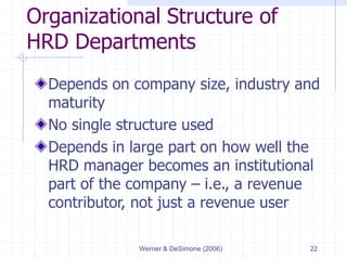 Werner & DeSimone (2006) 22
Organizational Structure of
HRD Departments
Depends on company size, industry and
maturity
No single structure used
Depends in large part on how well the
HRD manager becomes an institutional
part of the company – i.e., a revenue
contributor, not just a revenue user
 