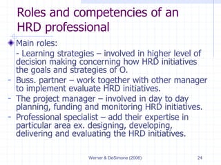 Werner & DeSimone (2006) 24
Roles and competencies of an
HRD professional
Main roles:
- Learning strategies – involved in higher level of
decision making concerning how HRD initiatives
the goals and strategies of O.
- Buss. partner – work together with other manager
to implement evaluate HRD initiatives.
- The project manager – involved in day to day
planning, funding and monitoring HRD initiatives.
- Professional specialist – add their expertise in
particular area ex. designing, developing,
delivering and evaluating the HRD initiatives.
 