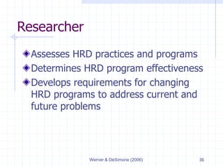 Werner & DeSimone (2006) 36
Researcher
Assesses HRD practices and programs
Determines HRD program effectiveness
Develops requirements for changing
HRD programs to address current and
future problems
 