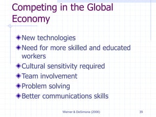 Werner & DeSimone (2006) 39
Competing in the Global
Economy
New technologies
Need for more skilled and educated
workers
Cultural sensitivity required
Team involvement
Problem solving
Better communications skills
 