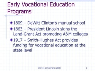 Werner & DeSimone (2006) 6
Early Vocational Education
Programs
1809 – DeWitt Clinton’s manual school
1863 – President Lincoln signs the
Land-Grant Act promoting A&M colleges
1917 – Smith-Hughes Act provides
funding for vocational education at the
state level
 