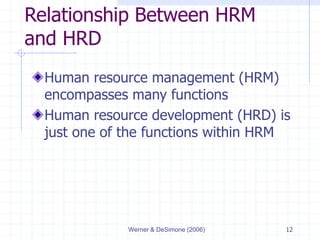 Werner & DeSimone (2006) 12
Relationship Between HRM
and HRD
Human resource management (HRM)
encompasses many functions
Hu...