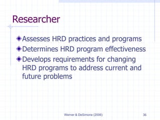 Werner & DeSimone (2006) 36
Researcher
Assesses HRD practices and programs
Determines HRD program effectiveness
Develops r...