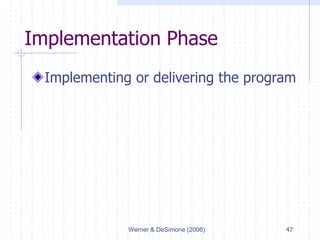 Werner & DeSimone (2006) 47
Implementation Phase
Implementing or delivering the program
 