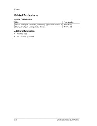 Preface
.....................................................................................................................................................


Related Publications
Oracle Publications
  Title                                                                                                         Part Number
  Oracle Developer: Guidelines for Building Applications Release 6                                              A58766-02
  Oracle Developer: Getting Started Release 6                                                                   A58767-02

Additional Publications
• read.me files
• relnotes.pdf file




.....................................................................................................................................................
xviii                                                                                            Oracle Developer: Build Forms I
 
