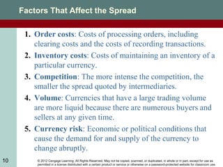 © 2012 Cengage Learning. All Rights Reserved. May not be copied, scanned, or duplicated, in whole or in part, except for use as
permitted in a license distributed with a certain product or service or otherwise on a password-protected website for classroom use.
10
Factors That Affect the Spread
1. Order costs: Costs of processing orders, including
clearing costs and the costs of recording transactions.
2. Inventory costs: Costs of maintaining an inventory of a
particular currency.
3. Competition: The more intense the competition, the
smaller the spread quoted by intermediaries.
4. Volume: Currencies that have a large trading volume
are more liquid because there are numerous buyers and
sellers at any given time.
5. Currency risk: Economic or political conditions that
cause the demand for and supply of the currency to
change abruptly.
 