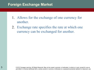© 2012 Cengage Learning. All Rights Reserved. May not be copied, scanned, or duplicated, in whole or in part, except for use as
permitted in a license distributed with a certain product or service or otherwise on a password-protected website for classroom use.
3
Foreign Exchange Market
1. Allows for the exchange of one currency for
another.
2. Exchange rate specifies the rate at which one
currency can be exchanged for another.
 