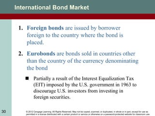 © 2012 Cengage Learning. All Rights Reserved. May not be copied, scanned, or duplicated, in whole or in part, except for use as
permitted in a license distributed with a certain product or service or otherwise on a password-protected website for classroom use.
30
International Bond Market
1. Foreign bonds are issued by borrower
foreign to the country where the bond is
placed.
2. Eurobonds are bonds sold in countries other
than the country of the currency denominating
the bond
 Partially a result of the Interest Equalization Tax
(EIT) imposed by the U.S. government in 1963 to
discourage U.S. investors from investing in
foreign securities.
 