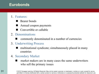© 2012 Cengage Learning. All Rights Reserved. May not be copied, scanned, or duplicated, in whole or in part, except for use as
permitted in a license distributed with a certain product or service or otherwise on a password-protected website for classroom use.
31
Eurobonds
1. Features:
 Bearer bonds
 Annual coupon payments
 Convertible or callable
2. Denominations
 commonly denominated in a number of currencies
3. Underwriting Process
 multinational syndicate; simultaneously placed in many
countries
4. Secondary Market
 market makers are in many cases the same underwriters
who sell the primary issues
 