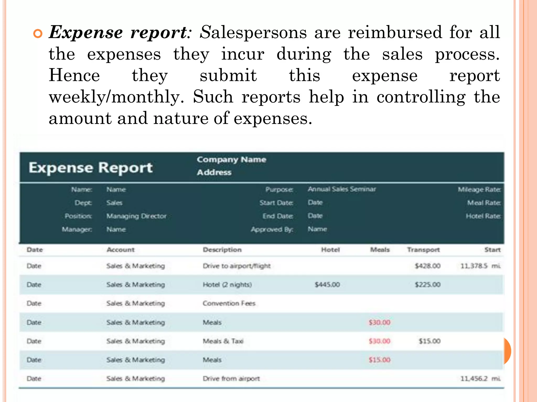  Expense report: Salespersons are reimbursed for all
the expenses they incur during the sales process.
Hence they submit this expense report
weekly/monthly. Such reports help in controlling the
amount and nature of expenses.
 