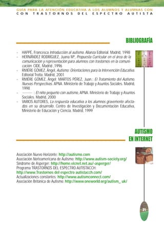 G U Í A PA R A L A AT E N C I Ó N E D U C AT I VA A L O S A L U M N O S Y A L U M N A S C O N
C O N      T R A S T O R N O S             D E L    E S P E C T R O        A U T I S T A




                                                                          BIBLIOGRAFÍA
-   HAPPÉ, Francesca Introducción al autismo. Alianza Editorial. Madrid, 1998
-   HERNÁNDEZ RODRÍGUEZ, Juana Mª, Propuesta Curricular en el área de la
    comunicación y representación para alumnos con trastornos en la comuni-
    cación. CIDE, Madrid ,1996
-   RIVIÉRE GÓMEZ, Ángel, Autismo: Orientaciones para la Intervención Educativa.
    Editorial Trotta. Madrid, 2001
-   RIVIÉRE GÓMEZ, Ángel; MARTOS PÉREZ, Juan.: El Tratamiento del Autismo.
    Nuevas Perspectivas. APNA. Ministerio de Trabajo y Asuntos Sociales. Madrid,
    1998
-            : El niño pequeño con autismo, APNA. Ministerio de Trabajo y Asuntos
    Sociales. Madrid, 2000
-   VARIOS AUTORES, La respuesta educativa a los alumnos gravemente afecta-
    dos en su desarrollo. Centro de Investigación y Documentación Educativa,
    Ministerio de Educación y Ciencia. Madrid, 1999




                                                                               AUTISMO
                                                                            EN INTERNET

Asociación Nuevo Horizonte: http://autismo.com
Asociación Norteamericana de Autismo: http://www.autism-society.org/
Síndrome de Asperger: http://home.vicnet.net.au/-asperger/
Programa TRASTORNOS DEL ESPECTRO AUTISTACCH:
http://www.Trastornos del espectro autistacch.com/
Actualizaciones constantes: http://www.autismconnect.com/
Asociación Británica de Autismo: http://www.oneworld.org/autism_ uk/




                                                                                      21
 