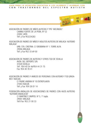 G U Í A PA R A L A AT E N C I Ó N E D U C AT I VA A L O S A L U M N O S Y A L U M N A S C O N
C O N      T R A S T O R N O S             D E L    E S P E C T R O        A U T I S T A




ASOCIACIÓN DE PADRES DE NIÑOS AUTISTAS Y TPD “ARCÁNGEL”
        CAMINO FUENTE DE LA PEÑA, Nº 53
        23002 JAÉN
        Telf. y Fax 953234283

ASOCIACIÓN DE PADRES DE NIÑOS Y ADULTOS AUTISTAS DE MÁLAGA “AUTISMO
MÁLAGA”
        URB. STA. CRISTINA. C/ OBSIDIANA Nº 1. TORRE ALFA.
        29006 MÁLAGA
        Telf. y Fax 952 33 69 50


ASOCIACIÓN DE PADRES DE AUTISTAS Y OTROS TGD DE SEVILLA
        AVDA. DEL DEPORTE S/N
        41020 SEVILLA
        Telf.: 954 40 54 46/954 44 31 75
        Fax: 954 40 78 41


ASOCIACIÓN DE PADRES Y AMIGOS DE PERSONAS CON AUTISMO Y TGD (ÁNSA-
RES” HUELVA)
        C/ PADRE ANDIVIA Nº 10 ENTREPLANTA
        21003 HUELVA
        Telf. y Fax: 959 28 01 14

FEDERACIÓN ANDALUZA DE ASOCIACIONES DE PADRES CON HIJOS AUTISTAS
“AUTISMO ANDALUCÍA”
       C/ MARTÍNEZ CAMPOS, Nº 5, 1º izqda.
       29001 MÁLAGA
       Telf./Fax: 952 21 00 33




                                                                                      23
 