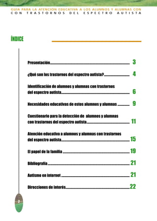 G U Í A PA R A L A AT E N C I Ó N E D U C AT I VA A L O S A L U M N O S Y A L U M N A S C O N
C O N      T R A S T O R N O S             D E L    E S P E C T R O        A U T I S T A




ÍNDICE


           Presentación..........................................................................................................   3

           ¿Qué son los trastornos del espectro autista?..................................                                          4

           Identificación de alumnos y alumnas con trastornos
           del espectro autista...........................................................................................          6

           Necesidades educativas de estos alumnos y alumnas ................                                                       9

           Cuestionario para la detección de alumnos y alumnas
           con trastornos del espectro autista.........................................................                             11

           Atención educativa a alumnos y alumnas con trastornos
           del espectro autista........................................................................................... 15

           El papel de la familia ......................................................................................... 19

           Bibliografía............................................................................................................. 21

           Autismo en internet ........................................................................................... 21

           Direcciones de interés..................................................................................... 22


     2
 