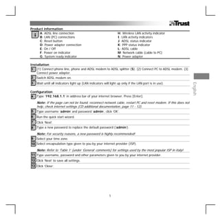 Product information
     A: ADSL line connection                                         H: Wireless LAN activity indicator
    iB: LAN (PC) connections                                         I: LAN activity indicators
     C: Reset button                                                 J: ADSL status indicator
     D: Power adapter connection                                     K: PPP status indicator
     E: On / Off                                                     L: ADSL cable
     F: Power on indicator                                           M: Network cable (cable to PC)
     G: System ready indicator                                       N: Power adapter

Installation
 1 (1) Connect phone line, phone and ADSL modem to ADSL splitter (S). (2) Connect PC to ADSL modem. (3)
    Connect power adapter.
 2 Switch ADSL modem on.
3       Wait until all indicators light up (LAN indicators will light up only if the LAN port is in use).




                                                                                                                    English
Configuration
4 Type ‘192.168.1.1’ in address bar of your internet browser. Press [Enter].
        Note: If the page can not be found, reconnect network cable, restart PC and reset modem. If this does not
        help, check internet settings (CD additional documentation, page 11 - 12).
5       Type username ‘admin’ and password ‘admin’, click ‘OK’.
6       Run the quick start wizard.
7       Click ‘Next’.
8       Type a new password to replace the default password (‘admin’).

        Note: For security reasons, a new password is highly recommended!
9       Select your time zone.
10 Select encapsulation type given to you by your internet provider (ISP).
        Note: Refer to ‘Table 1’ (under ‘General’ comments) for settings used by the most popular ISP in Italy!
11 Type username, password and other parameters given to you by your internet provider.
12 Click ‘Next’ to save all settings.
13 Click ‘Close’.




                                                               1
 