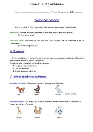 Escola E. B. 2,3 da Bobadela


      Nome: ________________________ N.º: ___ Turma: ____ Data: ______



                                Ciências da natureza

       Em todo o planeta Terra, e em todo o lado existem seres vivos e seres não vivos.

Seres vivos- Nascem, crescem, alimentam-se, respiram, reproduzem-se e morrem.
          Ex: Plantas e animais.

Seres não vivos- São seres que não têm vida. Não crescem, não se alimentam e não se
reproduzem.
         Ex: Rochas, objectos, etc.


1- Os animais

   Os animais são seres vivos e diferenciam-se das plantas porque podem deslocar-se. No mundo
há mais de um milhão de espécies de animais.
Os animais podem classificar-se de várias maneiras:
    Segundo o lugar onde vivem
    A sua alimentação
    Forma de se reproduzirem


2- Animais domésticos e selvagens

Animais domésticos – São animais que vivem com as pessoas. Exemplos:




                                                                        galinha coelho
         Cão                  Galinha                      Coelho


Animais selvagens – São animais que vivem em liberdade na Natureza. Podem viver na selva, no
campo, nos rios, etc. Exemplos:




        girafa                 esquilo                       peixe
 