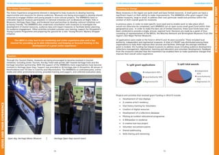 18 19
The West Midlands network of Museum Development Officers Annual Report 2012-13 The West Midlands network of Museum Development Officers Annual Report 2012-13
The Visitor Experience
The Visitor Experience programme element is designed to help museums to develop learning
opportunities and resources for diverse audiences. Museums are being encouraged to develop shared
resources to engage children and young people in cross cultural projects. The WMMDOs have co-
ordinated regional museum participation in national initiatives such as Museums at Night, Kids in
Museums, Heritage Open Days, and brokered local partnerships to develop national initiatives such
as Family Friendly. The WMMDOs also undertook consultation with museums to investigate the
development of shared resources, audience data and impact measures to facilitate better planning
for audience engagement. Other activities included customer care training, support for Shropshire’s
Young Curators Programme and preparing the ground for a new ‘Young Persons’ Mystery Shopper
initiative.
‘Our MDO is a key tool in our marketing and visitor experience plan and a key
channel for providing up to date information and keeping us forward thinking in the
development of a great visitor experience.’
Tourism
Through the Tourism theme, museums are being encouraged to become involved in tourism
initiatives, including Green Tourism, the Big Ticket web portal, GBT Awards heritage trails and the
heritage volunteer partnership. With the support of the WMMDOs more organisations have become
involved in Heritage Open Days. Support was provided to 36 heritage sites in Shropshire, 60 venues in
Herefordshire and 116 sites in Coventry and Warwickshire. The WMMDOs co-ordinated press, online
media and other promotional activity, provided training and support, and collected evaluation data.
Open day, Heritage Motor Museum Heritage Open Days launch event
Investing in change
Many museums in the region are quite small and have limited resources. A small grant can have a
significant impact on their ability to make improvements. The WMMDOs offer grant support that
enables museums, large or small, to address their own particular needs and priorities within the
context of ACE’s overall goals for museums.
In previous years, in order to meet specific local need and to enable work to take place which
would not otherwise be completed, each WMMDO ran an open access small grant fund within their
geographical area. In order to make the best use of limited resources, these local funds have now
been combined to provide a single, annual, regional fund. Decisions are made by a panel of four,
consisting of representatives of the MDOs, the Marches Network and Birmingham Museums Trust (the
region’s ACE Major Partner Museum).
24 applications were made to the fund in 2012/13 and 16 were successful. These included local
authority, independent and regimental museums. A total of £18,697 was distributed among these
organisations to help them improve their services and facilities. Although the average individual
grant is modest, this funding has helped museums to address issues including audience development,
collections management, digitisation, learning and education and volunteer development. Feedback
from the museums indicates that the investment has enabled them to make qualitative changes that
improve their overall visitor experience.
Projects and activities that received grant funding in 2012/13 include:
•	 Development of new displays
•	 A creative artist’s residency
•	 Oral history training for Volunteers
•	 Creation of digital resources
•	 Development of a collections database
•	 Piloting an outdoor educational programme
•	 A Wikipedian in residence
•	 A creative loan box project
•	 Volunteer recruitment events
•	 Shared webhosting
•	 Skills sharing and mentoring
UsersandtheirExperience
UsersandtheirExperience
% split grant applications
 