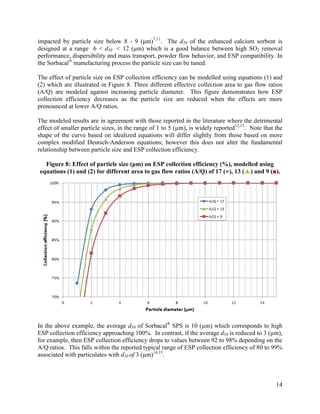 14
impacted by particle size below 8 - 9 (μm)7,11
. The d50 of the enhanced calcium sorbent is
designed at a range 6 < d50 < 12 (μm) which is a good balance between high SO2 removal
performance, dispersibility and mass transport, powder flow behavior, and ESP compatibility. In
the Sorbacal®
manufacturing process the particle size can be tuned.
The effect of particle size on ESP collection efficiency can be modelled using equations (1) and
(2) which are illustrated in Figure 8. Three different effective collection area to gas flow ratios
(A/Q) are modeled against increasing particle diameter. This figure demonstrates how ESP
collection efficiency decreases as the particle size are reduced when the effects are more
pronounced at lower A/Q ratios.
The modeled results are in agreement with those reported in the literature where the detrimental
effect of smaller particle sizes, in the range of 1 to 5 (µm), is widely reported12,13
. Note that the
shape of the curve based on idealized equations will differ slightly from those based on more
complex modified Deutsch-Anderson equations; however this does not alter the fundamental
relationship between particle size and ESP collection efficiency.
Figure 8: Effect of particle size (μm) on ESP collection efficiency (%), modelled using
equations (1) and (2) for different area to gas flow ratios (A/Q) of 17 (●), 13 (▲) and 9 (■).
In the above example, the average d50 of Sorbacal®
SPS is 10 (µm) which corresponds to high
ESP collection efficiency approaching 100%. In contrast, if the average d50 is reduced to 3 (µm),
for example, then ESP collection efficiency drops to values between 92 to 98% depending on the
A/Q ratios. This falls within the reported typical range of ESP collection efficiency of 80 to 99%
associated with particulates with d50 of 3 (µm)14,15
.
 