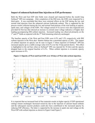 7
Impact of enhanced hydrated lime injection on ESP performance
Both the West and East ESP inlet fields were cleaned and inspected before the month long
Sorbacal®
SPS test campaign. After completion of the DSI tests, the ESPs were inspected by a
third party. It was concluded that there were minimal effects on the ESP during the low and
normal load injection from the enhanced calcium hydroxide sorbent. This is supported by the
process results collected during the low and normal load portions of the trial looking at opacity,
spark rates, and voltages of the ESPs. The voltage-current (V-I) curves were also inspected (not
provided for brevity) that showed an increase in coronal onset voltage indicative of higher dust
loading accompanying DSI sorbent injection. Increased loading was observed primarily on the
1st
and 2nd
fields as expected with the 3rd
field remaining relatively unchanged.
The baseline opacity of the West and East ESPs were 6.5% and 3.2% respectively with DSI
sorbent injection in the West duct. Stanton Station has a permitted opacity of 20%. The impact
of sorbent injection on opacity can be seen in Figure 3 where injection of Sorbacal®
SPS has
increased opacity up to a stable average value of 8.3% over the 10 day period shown. This effect
is highlighted in the red bars when no Sorbacal®
SPS was injected for 18 (hrs) and the opacity
dropped back to the original baseline of 6.5%. When sorbent injection is re-started, opacity
again increases to 8%.
Figure 3: Opacity of West and East ESPs over 10 days of West side sorbent injection.
It is expected that an increased load of fine materials results in higher opacity if ESP operational
settings remain unchanged. Increased resistivity due to the injection of calcium based sorbents
and the subsequent reaction products could also have contributed to the increased opacity by
reducing ESP efficiency. The latter is supported by the increase in spark rate and voltage on the
West ESP with sorbent injection as shown in Figure 4 and Figure 5.
 