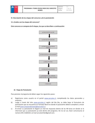 Versión    :1.0
                   PROGRAMA ETARIO JOVEN FNDR 2012 SERCOTEC       Página     : 7 de 23
                                   BIOBÍO                         Fecha      :3/01/2012



III. Descripción de las etapas del concurso y de la postulación

3.1 ¿Cuáles son las etapas del concurso?

Este concurso se compone de 8 etapas, las que se describen a continuación:




     A) Etapa de Postulación

Para postular al programa de deben seguir los siguientes pasos:

a)    Registrarse como usuario en el portal www.sercotec.cl, completando los datos personales y
      empresa.
b)    Luego a través del sitio www.sercotec.cl región del Bio Bio, se debe bajar el formulario de
      postulación que se encuentra en formato Word en donde el postulante deberá completar y enviar
      al mail joven.emprendimiento@sercotecl.cl
c)    Al enviar su postulación le llegará un mail de respuesta dentro de las 48 horas en donde se le
      informará que su postulación ya está dentro del programa. De no ser así, favor comunicarse al
      número 041-3160310 o al mail sercotecfndr@gmail.com.

                                                                                                  7
 