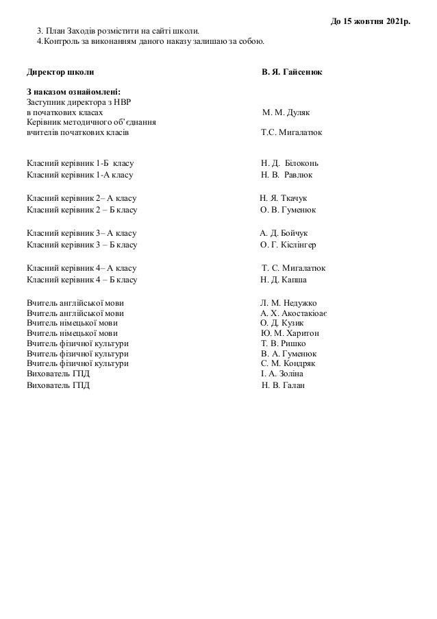 До 15 жовтня 2021р.
3. План Заходів розмістити на сайті школи.
4.Контроль за виконанням даного наказу залишаю за собою.
Директор школи В. Я. Гайсенюк
З наказом ознайомлені:
Заступник директора з НВР
в початкових класах М. М. Дуляк
Керівник методичного об’єднання
вчителів початкових класів Т.С. Мигалатюк
Класний керівник 1-Б класу Н. Д. Білоконь
Класний керівник 1-А класу Н. В. Равлюк
Класний керівник 2– А класу Н. Я. Ткачук
Класний керівник 2 – Б класу О. В. Гуменюк
Класний керівник 3– А класу А. Д. Бойчук
Класний керівник 3 – Б класу О. Г. Кіслінгер
Класний керівник 4– А класу Т. С. Мигалатюк
Класний керівник 4 – Б класу Н. Д. Капша
Вчитель англійської мови Л. М. Недужко
Вчитель англійської мови А. Х. Акостакіоає
Вчитель німецької мови О. Д. Кузик
Вчитель німецької мови Ю. М. Харитон
Вчитель фізичної культури Т. В. Ришко
Вчитель фізичної культури В. А. Гуменюк
Вчитель фізичної культури С. М. Кондряк
Вихователь ГПД І. А. Золіна
Вихователь ГПД Н. В. Галан
 