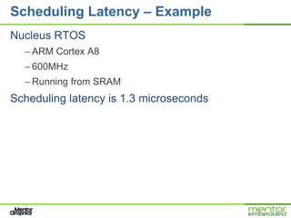 Scheduling Latency – Example
Nucleus RTOS
  – ARM Cortex A8
  – 600MHz
  – Running from SRAM
Scheduling latency is 1.3 microseconds
 