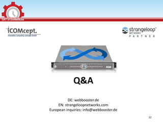 Q&A
           DE: webbooster.de
     EN: strangeloopnetworks.com
European inquiries: info@webbooster.de
                                         32
 