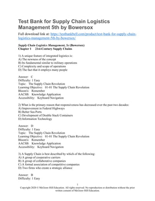 Test Bank for Supply Chain Logistics Management 5th by Bowersox | PDF